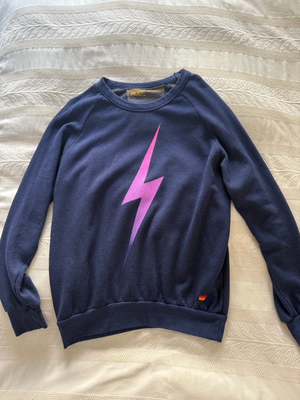 Aviator Nation Navy Sweatshirt with Purple/Pink Lightning Bolt - Picture 2 of 3